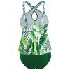 Maillot de Bain Tankini Croisé à Imprimé Fleuri Feuille avec Trou de Serrure - Vert profond S