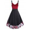 High Low Midi Casual Dress Floral Panel Overlay Mock Button Slit High Waist Sleeveless Summer Dress - DEEP RED L