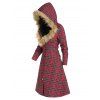 Manteau à Capuche en Fausse Fourrure Insérée à Carreaux à Lacets - Rouge Cerise M