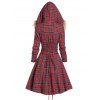 Hooded Faux Fur Insert Lace Up Plaid Coat - CHERRY RED XL