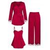 Plus Size Lace Trim Satin Three Piece Pants Pajamas Set - RED 3X