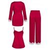 Plus Size Lace Trim Satin Three Piece Pants Pajamas Set - RED 3X