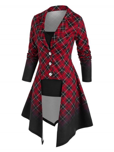 Irregular Ombre Plaid Coat and Camisole Set