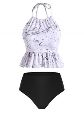 Marble Print High Rise Peplum Tankini Swimwear