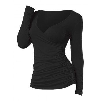 

Plunge Ruched Long Sleeve Surplice Plain T Shirt, Black