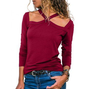 

Cutout V Neck Long Sleeve T Shirt, Red