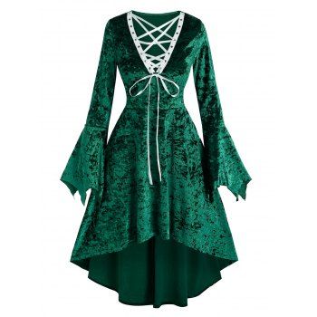 

Christmas Lace-up Bell Sleeve High Waist Dress, Deep green