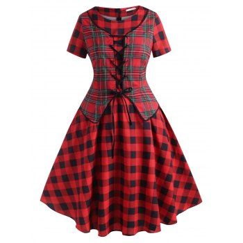 

Plaid Lace Up Vest Plus Size Vintage Dress, Red