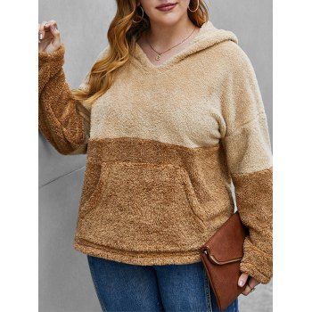 

Plus Size Drop Shoulder Patchwork Plush Hoodie, Light coffee