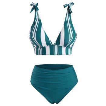 

Striped Low Cut Tie Shoulder Ruched Bikini Swimwear, Deep green