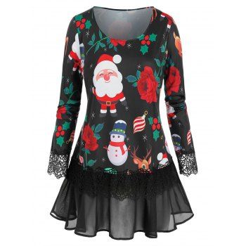 

Plus Size Christmas Printed Mesh Flounce T Shirt, Black