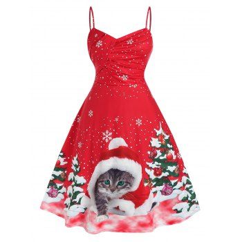 

Plus Size Christmas Cat Tree Print Midi Dress, Red