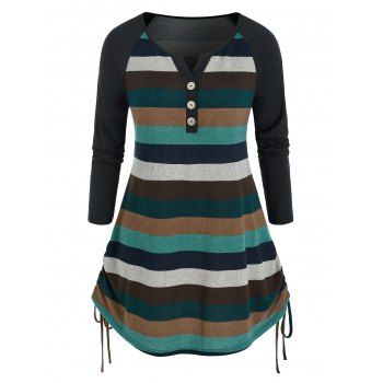 

Plus Size Striped Button Drawstring T Shirt, Multicolor