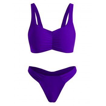 

Ruched High Cut Thong Tank Bikini Swimwear, Purple