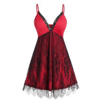 

Plus Size Lace Sheer Eyelash Cami Sexy Night Dress, Red