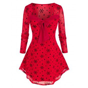 

Plus Size Christmas Flocked Dot Snowflake Mesh Tunic Tee, Red
