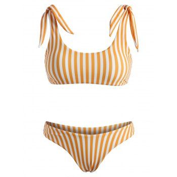 Striped Tie Shoulder High Cut Bikini Swimwear, Dark orange