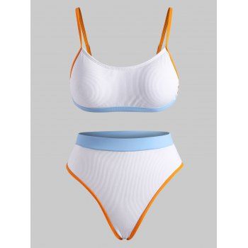 

Ribbed Contrast Piping High Cut Bikini Swimwear, White