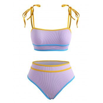 

Ribbed Binding Tie Shoulder High Cut Bikini Swimwear, Light purple