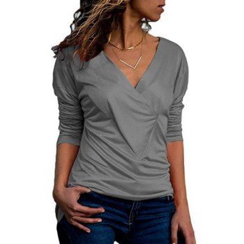 

V Neck Drop Shoulder Plain T Shirt, Gray