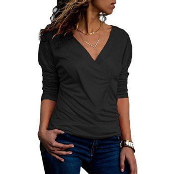 

V Neck Drop Shoulder Plain T Shirt, Black