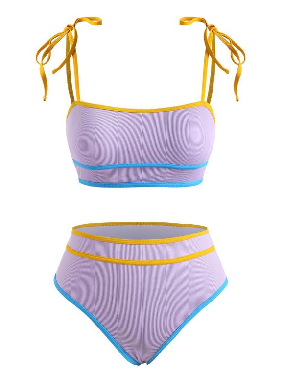 Maillot de Bain Bikini Côtelé Epaule Nouée à Coupe Haute - Violet clair M