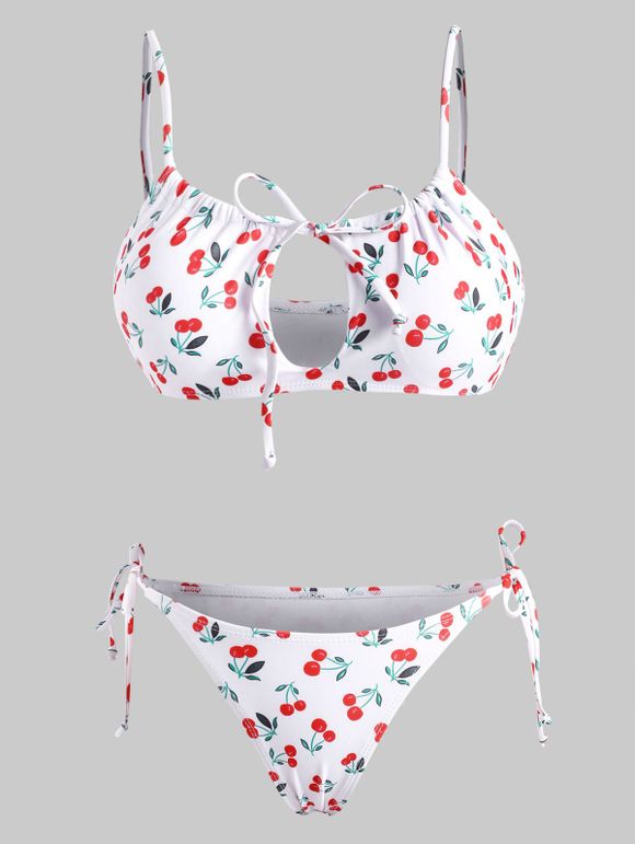 Maillot de Bain Bikini String à Imprimé Cerises avec Attaches sur les Côtés - Blanc XL