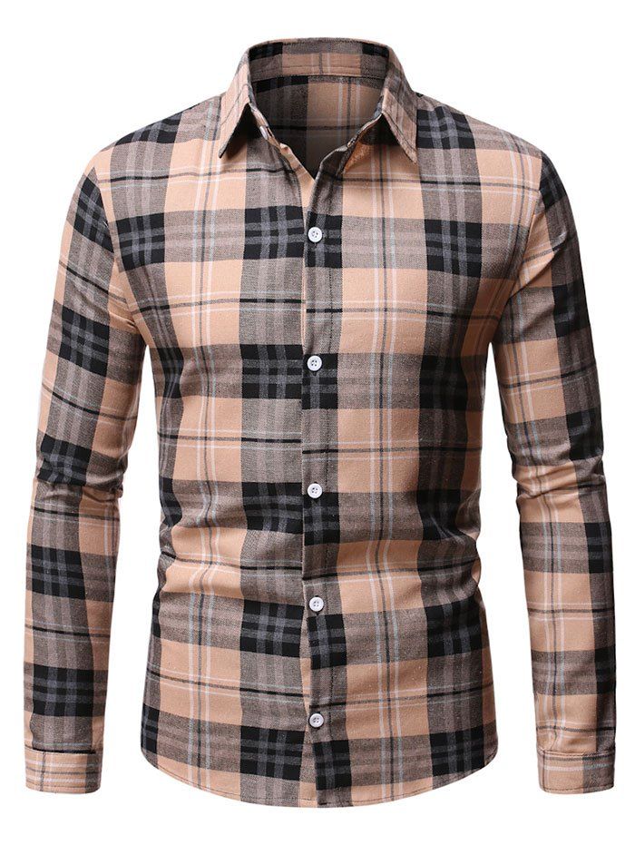 Button Up Plaid Pattern Casual Shirt - LIGHT KHAKI M