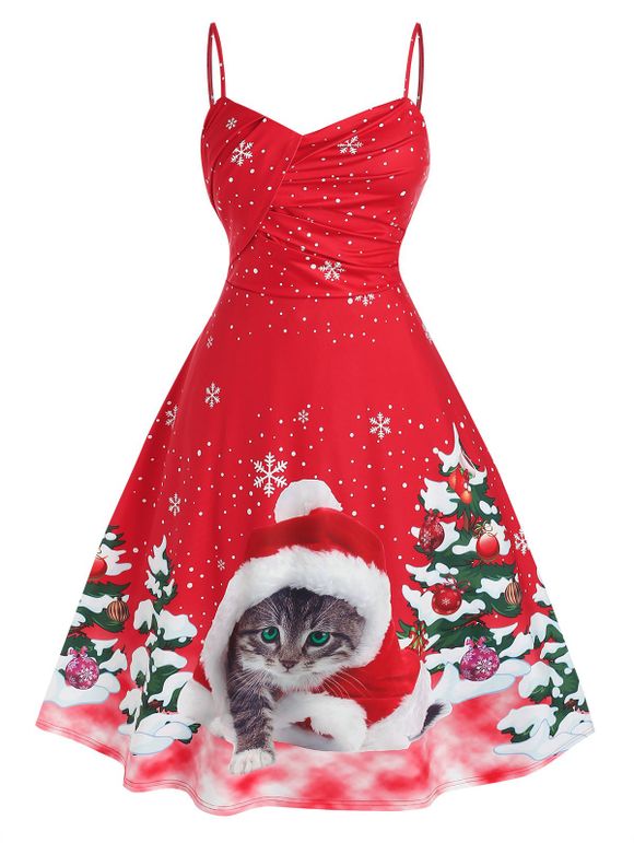 Robe Mi-Longue à Imprimé Chat et Sapin de Noël de Grande Taille - Rouge L