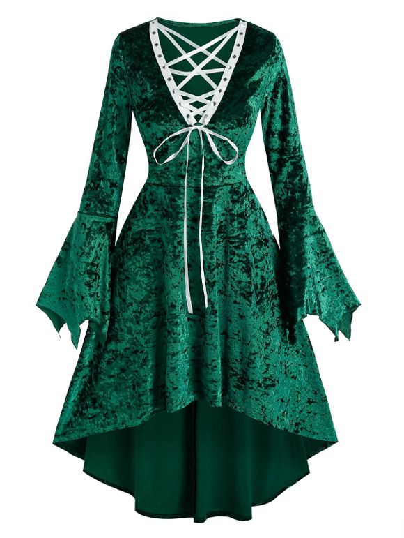 Robe Gothique Manches de Cloche à Taille Haute avec Lacets - Vert profond 2XL