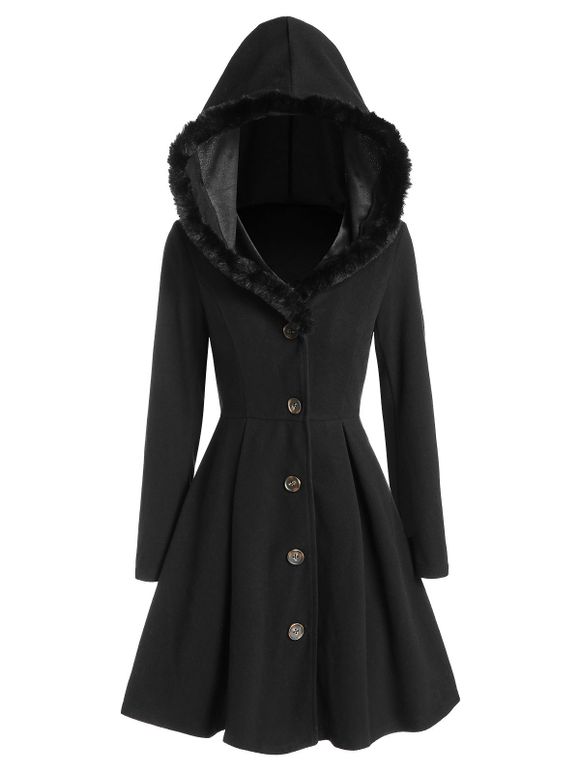 Manteau à Capuche Long en Fausse Fourrure Insérée en Laine - Noir XL