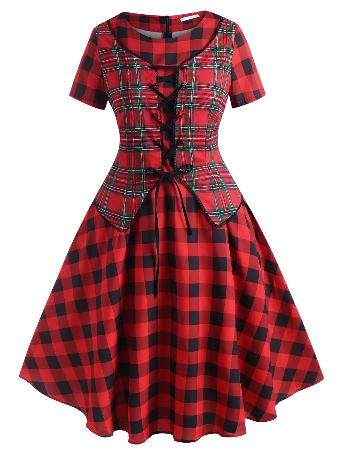 Plaid Lace Up Vest Plus Size Vintage Dress - RED 1X