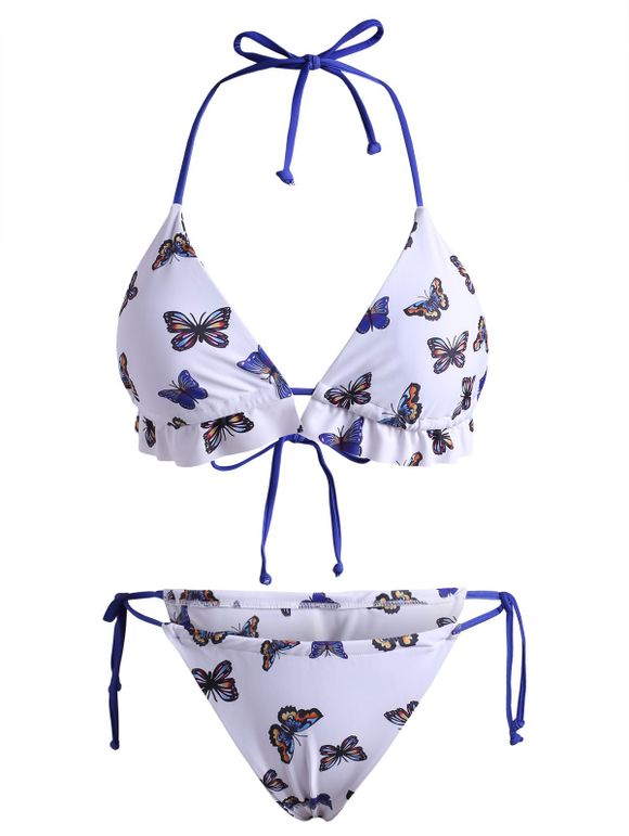 Maillot de Bain Bikini Papillon Noué à Côté à Volants à Col Halter - Bleu XL
