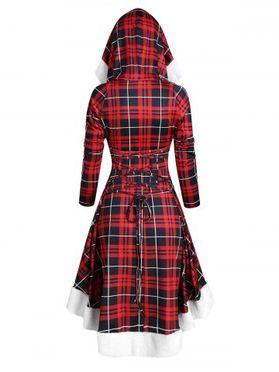 Plaid Faux Fur Insert Hooded Lace Up High Low Dress 