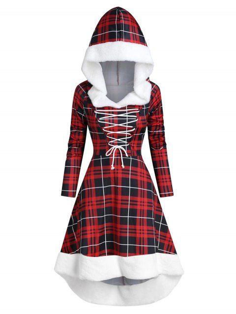 Plaid Faux Fur Insert Hooded Lace Up High Low Dress