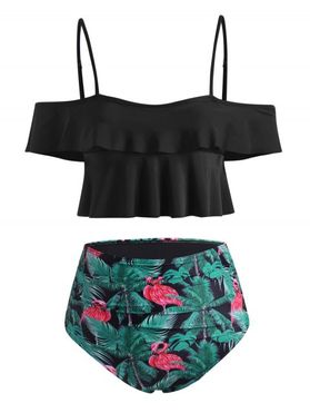 Flamingo Tropical Tree Flounce Tummy Control Two Piece Swimwear