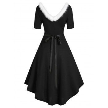 

V-wired Faux Fur Trim Knit High Low Dress, Black