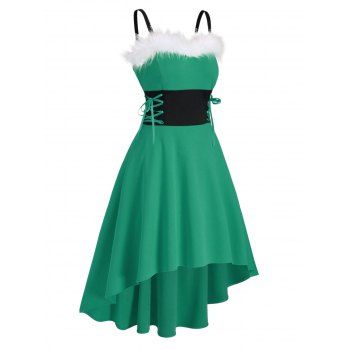 

Christmas Faux Fur Insert Lace Up High Low Dress, Clover green