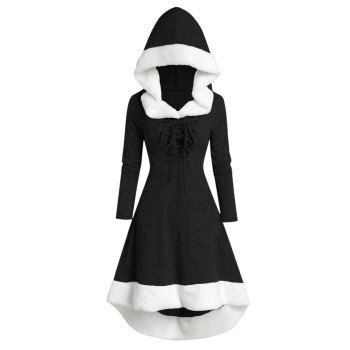

Hooded Lace Up Faux Fur Panel Marled Asymmetrical Dress, Night