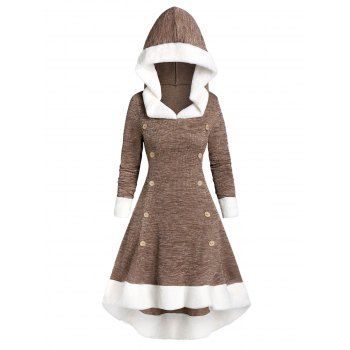 

Hooded Faux Fur Trim Mock Button High Low Midi Dress, Brown bear