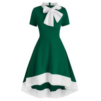 

Christmas Bowknot Collar Faux Fur Insert High Low Dress, Jungle green