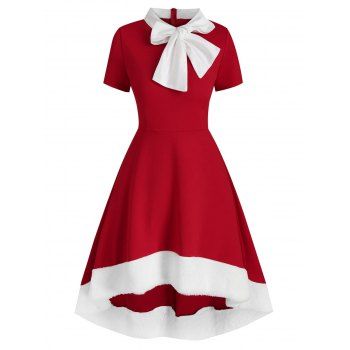 

Christmas Bowknot Collar Faux Fur Insert High Low Dress, Red