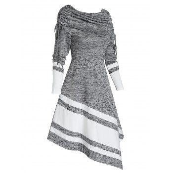 

Striped Cinched Foldover Asymmetrical Long Sleeve Dress, Cloudy gray