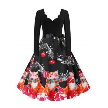 

Plus Size Scalloped Christmas Printed Flare Dress, Black
