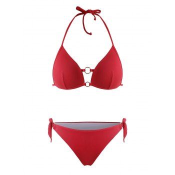 

O Ring Tie Side Halter Bikini Swimwear, Red