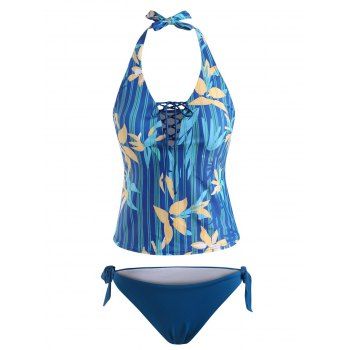 

Flower Striped Lace Up Halter Tie Side Tankini Swimwear, Blue