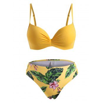 

Palm Flower Ruched Underwire Three Piece Bikini Swimwear, Yellow