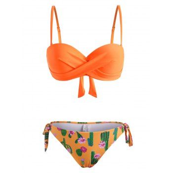 

Cactus Flower Print Tie Side Twisted Three Piece Bikini Swimwear, Dark orange