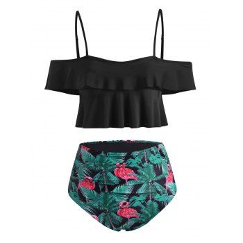 

Flamingo Tropical Tree Flounce Tummy Control Two Piece Swimwear, Black