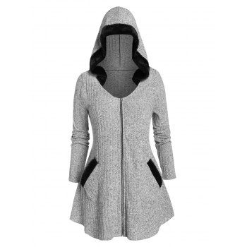 

Plus Size Hooded Faux Fur Panel Zip Up Pocket Cardigan, Gray cloud